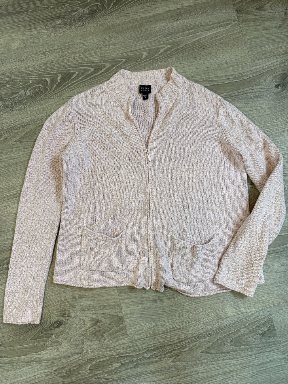 Eileen Fisher Linen Cotton Blend Zip Front Pocket Cardigan - Light Blush Pink